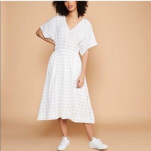 Lou & Grey Pom Pom V-Neck Midi Dress White Grey Cottagecore Boho Size Small